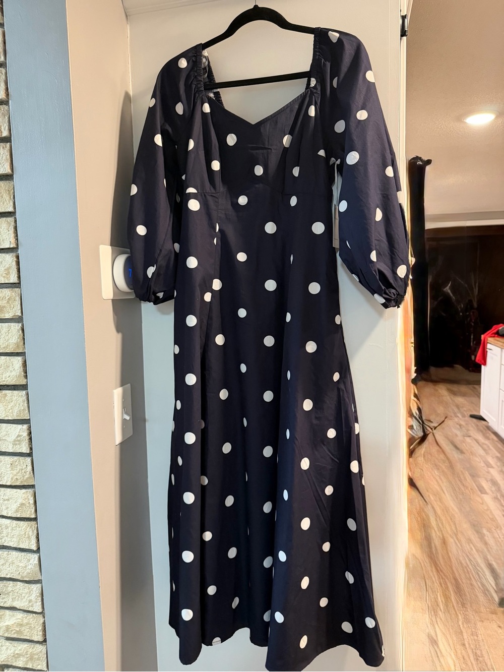 Navy Polka Dot Maxi Dress with Puff Sleeves